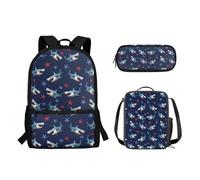 Suhoaziia Lot de 3 sacs à dos d'école pour enfants avec sac à déjeuner isotherme, trousse à crayons, sac à dos primaire primaire moyen et lycéen, Étoile de mer requin, Sacs à dos de jour
