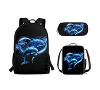 Suhoaziia Lot de 3 sacs à dos d'école pour enfants, trousse à déjeuner, sac à déjeuner, sac à dos pour ordinateur portable, sac à dos primaire, sac à dos primaire, sac à livres pour étudi, Dauphins,