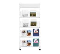 SuhoFutus Porte-revues à 4 niveaux, support de littérature au sol avec 4 roues, présentoir pour bureau, bibliothèque et zone de réception, en acier, porte-brochures A4, porte-journaux (blanc)