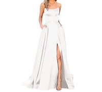 SUIBOZ Corset spaghetti sirène - Robes de bal en satin pour femmes - Robe de soirée formelle longue avec fente (blanc, M)
