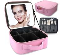 SUILU Trousse de maquillage avec miroir éclairé à DEL, trousse de maquillage de voyage pour femmes et artistes cosmétiques, 3 lumières de couleur, séparateurs réglables et porte-pinceaux, rose clair