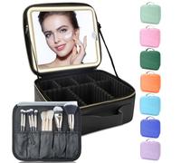 SUILU Trousse de maquillage avec miroir éclairé à DEL, trousse de maquillage de voyage pour femmes et artistes du maquillage, 3 lumières de couleur, séparateurs réglables et porte-pinceaux (noir),