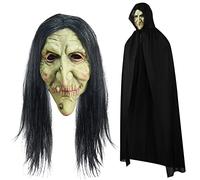 Suilung 2 Pièces Costume de Masque Effrayant d'Halloween pour Adulte Manteau Noir à Capuche Cape Noire Costume de Sorcière de Vieille Femme pour Homme Femme Cosplay d'Halloween