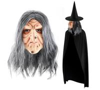 Suilung Accessoires de Costume de Cosplay d'Halloween Inclus Masque de Sorcière de Vieille Femme avec des Cheveux Chapeau de Sorcière Cape Noire Masque Effrayant en Latex pour Toute Tête Adultes