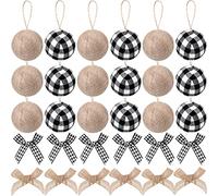 Suilung Lot de 30 décorations de Sapin de Noël, 18 Boules de Noël en Toile de Jute avec 12 Mini nœuds à Carreaux en Toile de Jute pour Noël Rustique, décoration d'intérieur (Blanc Noir)