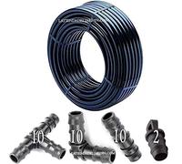 Suinga. DRIP IRRIGATION Pack 16MM: Tuyau pour arrosage en Goutte à Goutte, 16 mm x 100 m, Noir + 10 Tee + 10 Coude + 10 Pfandrecht + 2 Bouchon