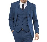 Suit Pants for Men Retro Tweed Tuxedos Dress Wedding Prom Suits 3 Piece Peak Lapel Dress Jacket Vest Pants Navy Small