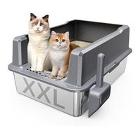 Suitfeel Bac à litière XXL en acier inoxydable avec couvercle, boîte en métal XL inodore pour grands chats, bac à litière extra large, boîte en acier facile à nettoyer, anti-fuite, pelle à litière