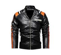 Suiting Style Veste de moto américaine classique matelassée en cuir véritable noir avec rayures oranges pour homme, Noir , XL
