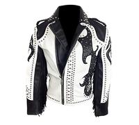 Suiting Style Veste vintage en cuir véritable pour homme avec franges cloutées Noir et blanc, noir/blanc, M