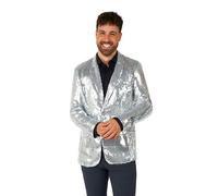 Suitmeister Blazer à Paillettes pour Homme, Coupe ajustée, Un Bouton, Veste Brillante de Bal et de fête, Paillettes argentées, Taille M