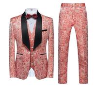 Suits for Men 3 Piece Tuxedo Suit Set Paisley Floral Pattern Blazer Jacket Vest Pants for Prom Wedding Pink Large