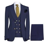 Suits for Men Slim Fit 3 Piece Blazer Gold Double Breasted Vest and Pants Wedding Prom Business Suits Navy Blue Large