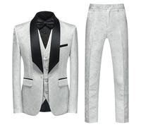 Suits for Men Slim Fit 3 Piece Tuxedo Suit Set Paisley Floral Pattern Blazer Jacket Vest Pants for Prom Wedding White Medium