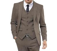 Suits for Men Slim Fit Retro Tweed Tuxedos Dress Wedding Prom Suits 3 Piece Peak Lapel Dress Jacket Vest Pants Light Brown Large