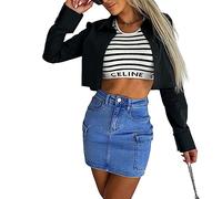 SUIUOI Élastique Jupe en Denim à Enfiler avec Poches, Taille Haute Crayon Mini-Jupe avec Ceinture, Robe Courte pour Plage Vacances Été