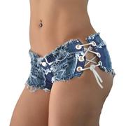 SUIUOI Y2K Mini jean sexy pour femme - Short taille basse avec franges et lacets - Short en denim avec laçage latéral - Clubwear d'été, Dark Bule, XL