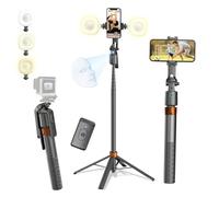 Suivi intelligent du visage, trépied rotatif à 360° avec télécommande Bluetooth 5.2, perche à selfie stabilisée, contrôle gestuel, perche extensible de 1,8 m, portable pour vlogging, voyage et