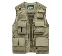 Sukany - Veste de loisirs pour homme - Pour extérieur, travail, safari, pêche, voyage, photo, en maille - Gilet cargo avec multi-poches, kaki, XL