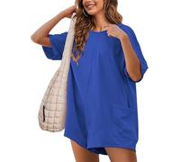 Sukiglam Combinaison Femme Été Manches Courtes Combishort Col en V Dos Nu Jumpsuit Casual Loose Salopette Short Chic et Élégant Grande Taille Une Pièce Shorts Avec Poches Décontracté Plage Rompers