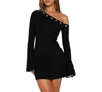 Sukiglam Robe Courte Femme Une Épaule Robes Moulante à Manches Longues Évasées Élégante Mini Robe Casual Bodycon Dress Sexy A-Line Robe de Soirée Cocktail Fête Clubbing Automne Hiver Y2K Streetwear
