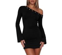 Sukiglam Robe Courte Femme Une Épaule Robes Moulante à Manches Longues Évasées Élégante Mini Robe Casual Bodycon Dress Sexy A-Line Robe de Soirée Cocktail Fête Clubbing Automne Hiver Y2K Streetwear
