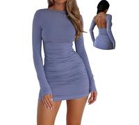Sukiglam Robe Femme Chic et Élégante Robes Courte Moulante Manches Longues Dos Nu Mini Robe Crayon avec Froncé Automne Hiver Casual Bodycon Dress Col Bateau Sexy Robes de Soirée Fête Club Cocktail