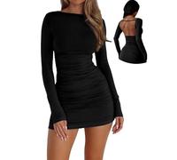 Sukiglam Robe Femme Chic et Élégante Robes Courte Moulante Manches Longues Dos Nu Mini Robe Crayon avec Froncé Automne Hiver Casual Bodycon Dress Col Bateau Sexy Robes de Soirée Fête Club Cocktail