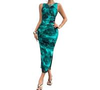 Sukiglam Robe Femme Sexy Imprimé Tie Dye Robes Longue D'éte sans Manches Col Rond Robe Moulante Elégant Bodycon Plissée Maxi Robes Fendue de Soirée Cocktail Prom Clubwear