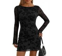 Sukiglam Robes Femme Chic et Elegant Manches Longues Mini Robe de Soiree Sexy Floraux Robes Courte en Tulle Transparent Col Bateau Automne Hiver Vintage Robe Moulante pour Fête Invitée Mariage