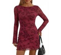 Sukiglam Robes Femme Chic et Elegant Manches Longues Mini Robe de Soiree Sexy Floraux Robes Courte en Tulle Transparent Col Bateau Automne Hiver Vintage Robe Moulante pour Fête Invitée Mariage
