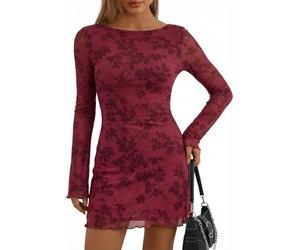 Sukiglam Robes Femme Chic et Elegant Manches Longues Mini Robe de Soiree Sexy Floraux Robes Courte en Tulle Transparent Col Bateau Automne Hiver Vintage Robe Moulante pour Fête Invitée Mariage