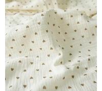 SUKORI Tissu en Gaze Double crêpe Kaki Doux à imprimé cœur, 0.5m/1m/2m, Tissu en Coton, Couture de vêtements pour bébé, Texture Respirante