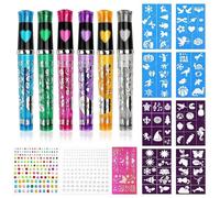 Sularpek Kit Stylo Tatouage Temporaire Brillant, 6 Stylos à Paillettes, 9 Pochoirs Réutilisables, 86 Motifs, 4 Autocollants Visage Gemmes, pour Cadeau, Fêtes, Événements, Festivals