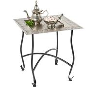 Sule Table d'appoint rectangulaire marocaine en métal 42 cm | Petite table à thé ronde orientale avec structure pliable noire | Le plateau de ces tables pliantes est orientale en argent