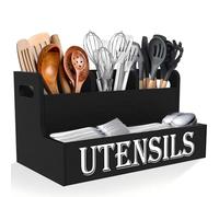 Suli Grand support d'ustensiles de cuisine à 2 niveaux avec 3 compartiments, organiseur d'ustensiles en bois blanc pour comptoir de cuisine, décoration de cuisine rustique, ustensiles de cuisine noir