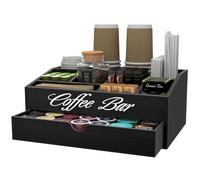 Suli Organiseur de station de café, support de dosettes de comptoir en bois extra large avec tiroir, rangement pour condiments, sirop, tasses à thé, décoration de bar rustique pour accessoires (2