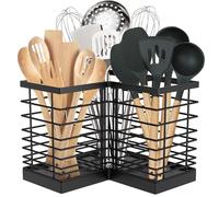 Suli Porte-ustensiles de cuisine extra large avec 3 compartiments, étagère d'angle en métal noir mat pour comptoir, rangement de cuisine rustique - Noir