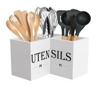 Suli Support d'ustensiles de cuisine extra large avec 3 compartiments, panier à ustensiles d'angle pour comptoir, organisateur d'ustensiles en bois pour comptoir de cuisine, décoration de ferme, blanc