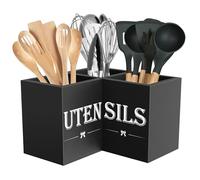 Suli Support d'ustensiles de cuisine extra large avec 3 compartiments, panier à ustensiles d'angle pour comptoir, organisateur d'ustensiles en bois pour comptoir de cuisine, décoration de ferme - Noir