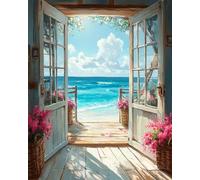 SULISO Peinture par Numéro Fleur Adulte avec Pinceaux et Acryliques Bricolage Peintures Kits pour Adultes Enfants Seniors Débutant,Sans Cadre 30x40cm La terrasse et la mer