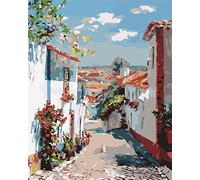 SULISO Peinture par Numéro Fleur Adulte avec Pinceaux et Acryliques Bricolage Peintures Kits pour Adultes Enfants Seniors Débutant,Sans Cadre 40x50cm,Petit village au bord de la mer