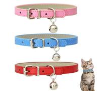 SULIUDAJI 3 Pinces Collare per Gatti in Pelle, Collare di Sicurezza per Gatti Con Cinturino Elastico, Collare per Gattino per Gatto Con Campana Rosso blu Rosa(Neck Fit 8"-11")