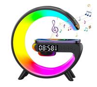 Sulobom Chargeur sans fil et haut-parleur - Chargeur de téléphone en forme de G, lampe RVB à changement de couleur avec haut-parleur Bluetooth et réveil (noir)