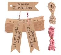 SULOLI 100pcs Étiquettes Kraft Noël avec 10M Ficelle Rouge et Blanche et 10M Jute，7x2 cm Marron Étiquettes Suspendues pour Décoration Noël