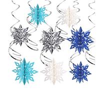 SULOLI Flocon de neige à suspendre - 26 pièces - Flocon de neige 3D argenté bleu blanc avec tourbillons de plafond pour décorations de Noël
