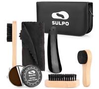SULPO Kit pour Cirage de Chaussures - Kit d'entretien de Bottes en cuir de Voyage 8 Pièces - Leather Shoe Shine Kit With Brown/Cirage Blanc Wax, Shoe Brushes for Polishing