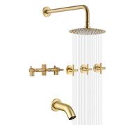 SUMERAIN Ensemble de robinet de douche à 3 poignées avec bec cascade et 3 poignées croisées, robinet de douche mural effet pluie or brossé
