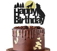 Sumerk Décoration de gâteau loup à paillettes noires - Décorations de gâteau d'anniversaire sur le thème des animaux sauvages - Fournitures de fête pour fête prénatale/fête d'anniversaire d'enfant -