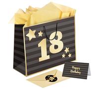 Sumerk Grand sac cadeau de 33 cm, sac cadeau noir et doré pour 18e anniversaire, 3 feuilles de papier cadeau doré, 2 autocollants pour 18e anniversaire, carte d'anniversaire avec enveloppe